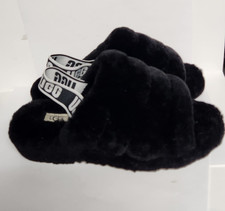 UGG Faux Fur Sandals Women Size 8 Fluff Slide Slippers Black Slip-On NEW