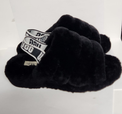 UGG Faux Fur Sandals Women Size 8 Fluff Slide Slippers Black Slip-On NEW