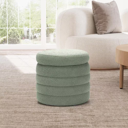 Bayville Modern 16" Tall Sherpa Fabric Tufted round Storage Ottoman in Ice Green - Picture 2 of 11