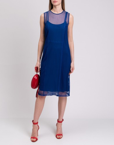 RRP €235 DKNY Lace Shift Dress Size P Blue Inner Slip Sleeveless Crew Neck