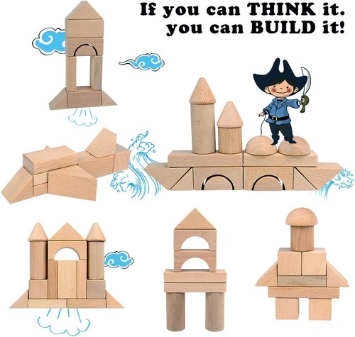 Wooden Building Blocks Set for Kids - Stacker Stacking Game Natural  - Picture 2 of 8