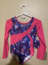Danskin Now Leotard Bodysuit LS Pink Purple Inset Silver Foil Star New Girl