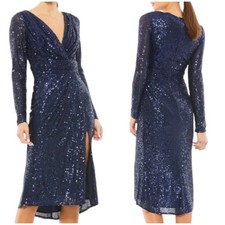 Mac Duggal NWT Long Sleeved Sequin Midi Dress Size 4 Midnight Blue V-Neck Lined