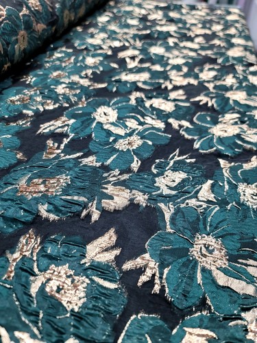 Green Floral Brocade Gold Metallic Brocade Fabric Sold By The Yard Black Organza - Picture 7 of 13
