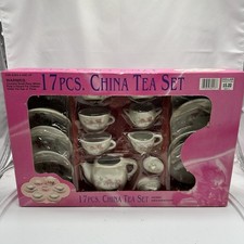 Vintage Childrens China Tea Set Pink Roses Floral 17 Pcs New w/ Defects