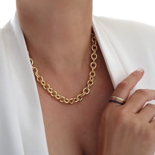 Chunky Chain 14ct Gold Plated 925 Sterling Silver Vermeil Rolo Link Necklace - Picture 6 of 8