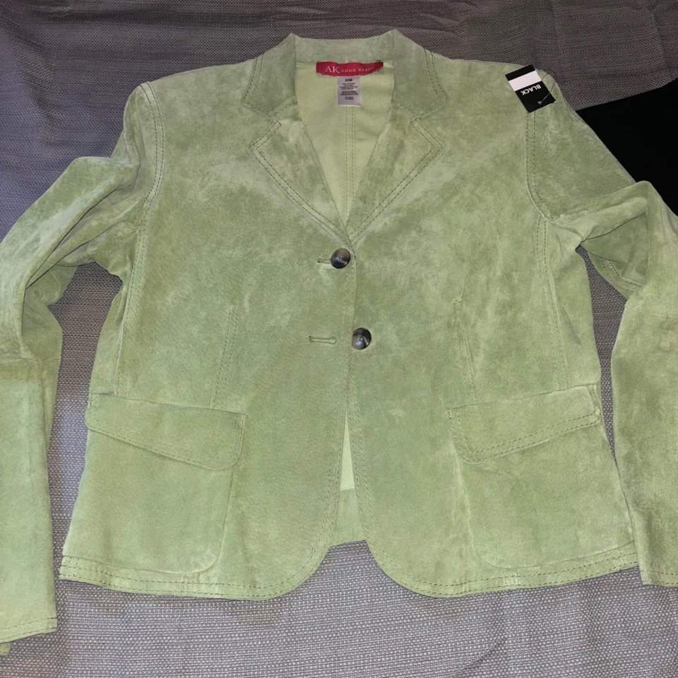 Chaqueta Blazer AK Anne Klein Verde Gamuza Cuero Genuino Mujer Mediana Foto 2 de 4