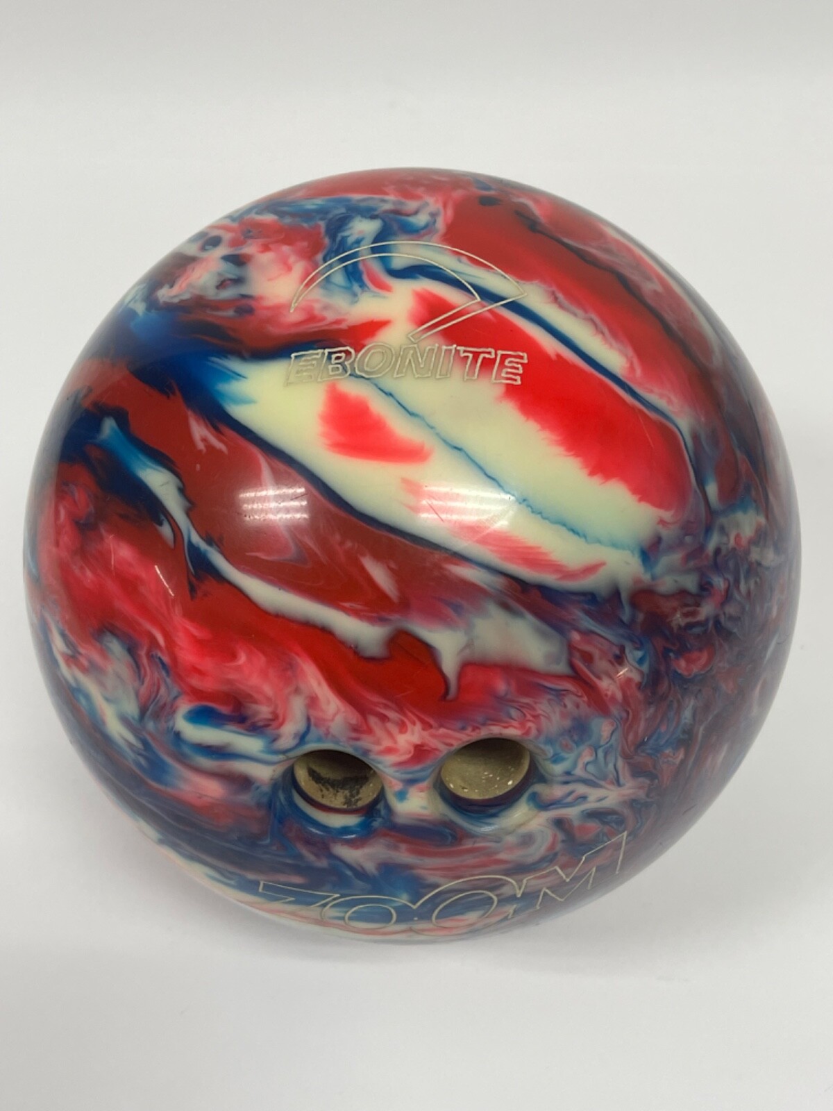 ZOOM GLOW BOWLING BALL EBONITE MADE IN USA RED BLUE SWIRL 8LBS 5OZS VTG