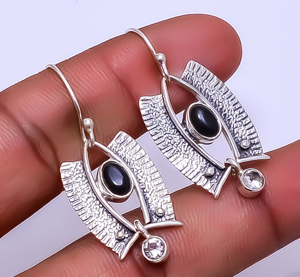 Black Onyx & White Topaz Designer Handmade 925 Sterling Silver Earring 1.56