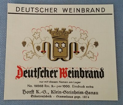 Old Shot Label Bottle Label Label Brandy Klein-Steinheim Hanau