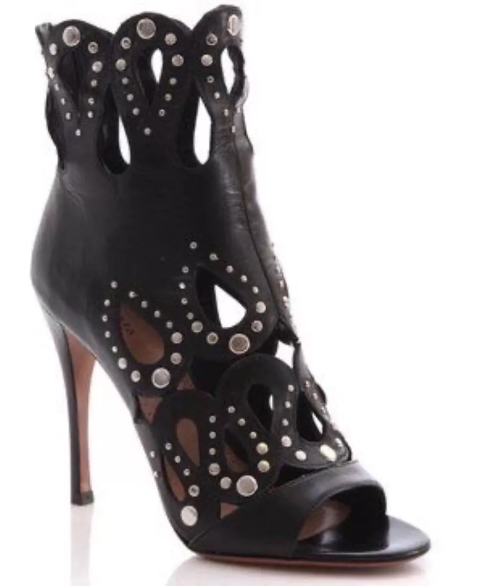 Azzedine Alaia studded laser-cut cutout caged leather open-toe bootie ankle boot