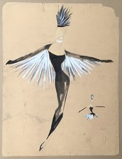 Dessin Original Gouache André Levasseur Portrait Femme Mode Music Hall Plumes