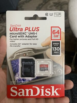 NEW SEALED SanDisk Ultra Plus 64GB Micro SD Memory Card w Adapter  SDSQUB3-064G-A