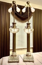 Beautiful Rare Set of Antique Double Socket Brass/Block Glass 39” Footed Lamps