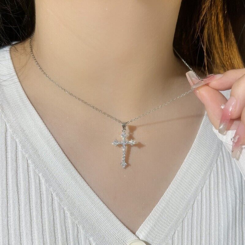 Silver Cross Necklace for Women,Cubic Zirconia CZ Faith