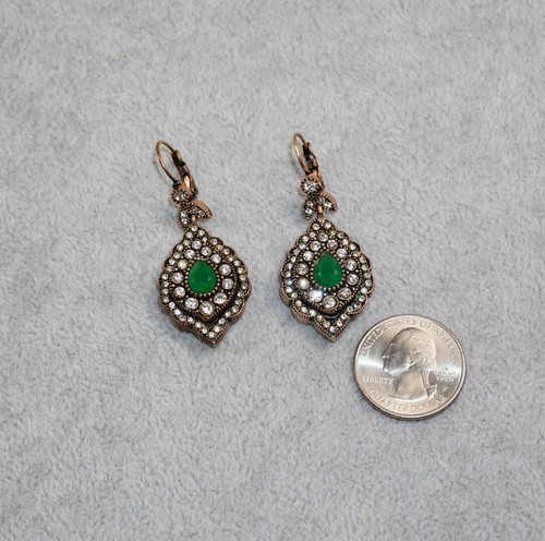 Fashion Drop Copper Earrings TUR Signed Green Glass Teardrop Clear Rhinestones - Picture 6 of 8