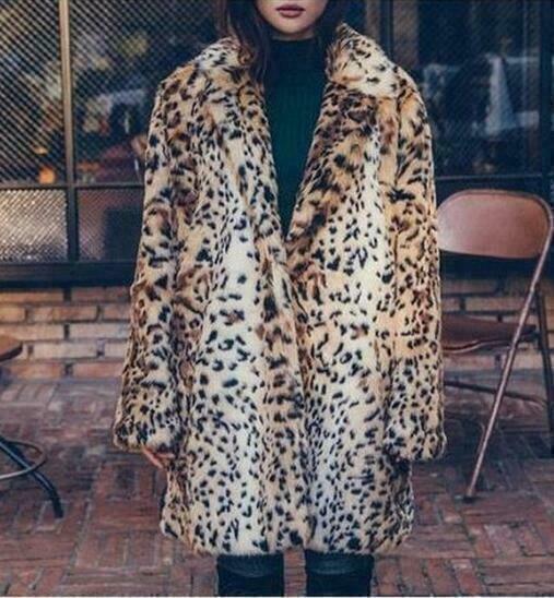 Winter Womens Faux Fur Coats Leopard Print Casual Formal Mid Long