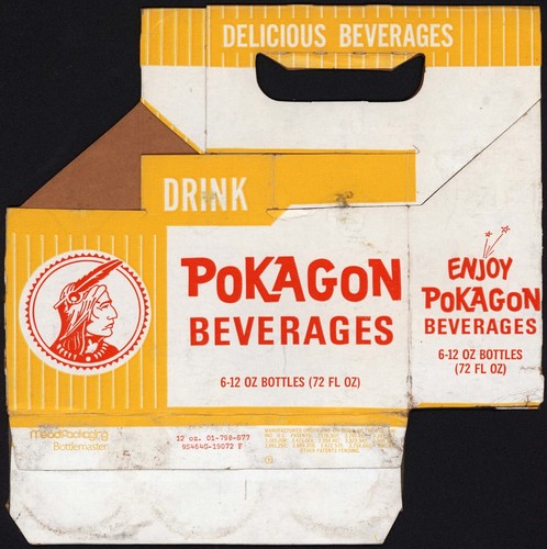 Vintage soda pop bottle carton POKAGON BEVERAGES 12oz size picturing an indian