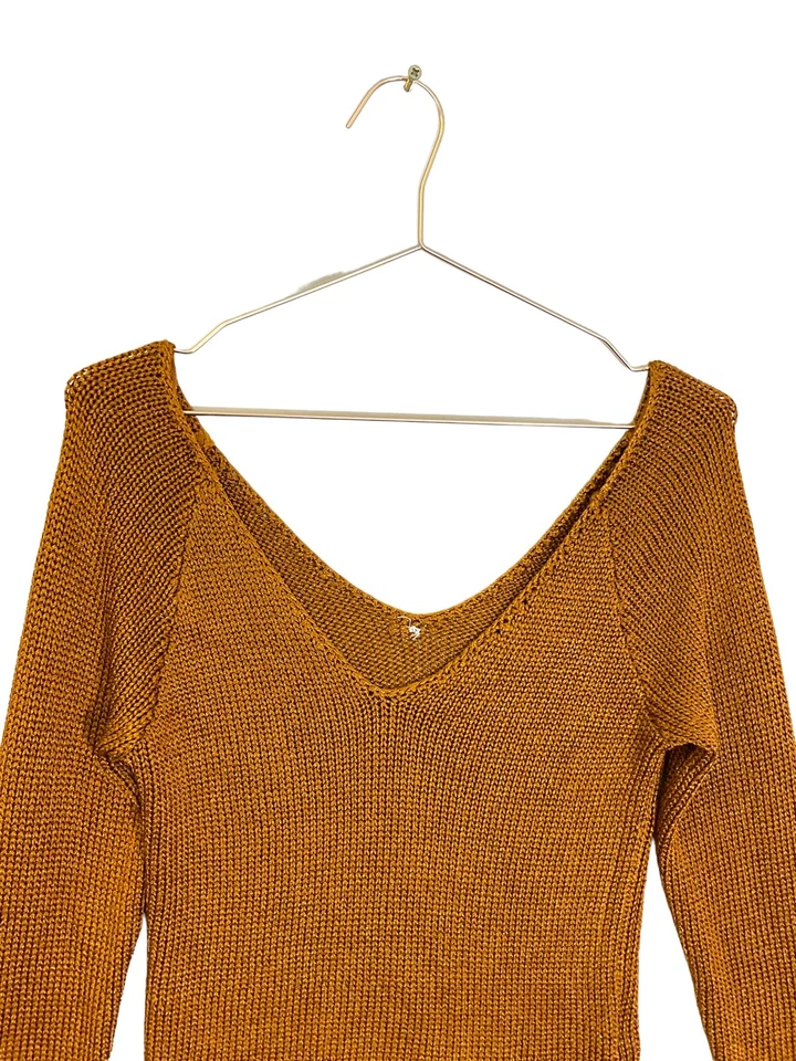 Free People Gold Shimmer Knit V Neck Pullover S - Image 4 of 4