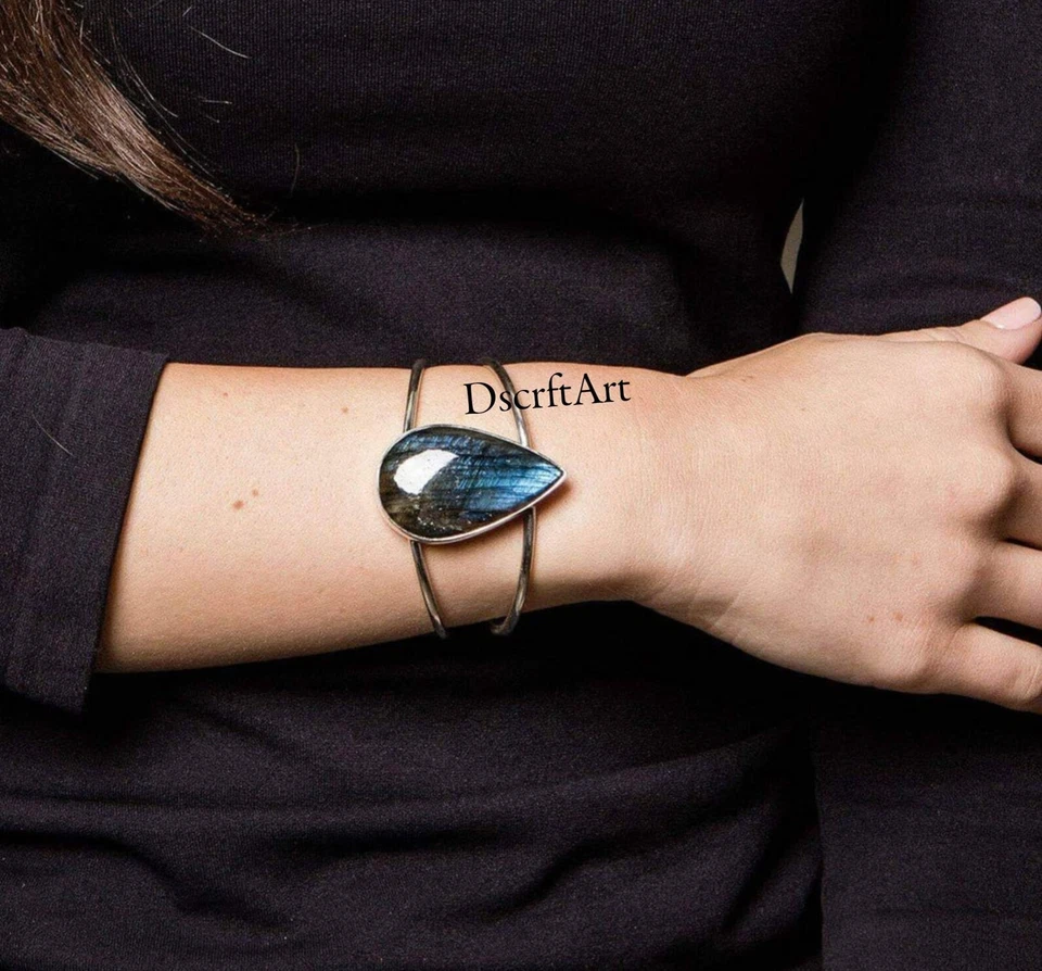 Labradorite Pear Shape Gemstone Cuff Bangle, 925 Silver Adjustable Bracelet - Image 2 of 4