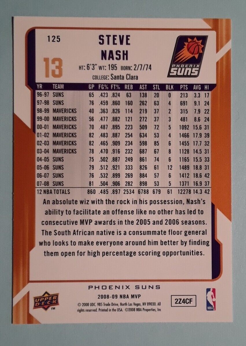2008-09 Upper Deck MVP Steve Nash #125 PHOENIX SUNS NBA Basketball