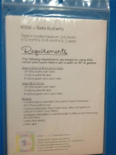 Sew Little Sewing Pattern 0006 Baby Infant Bella Butterfly Size NB - 2 yrs Uncut - Picture 3 of 3