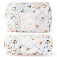 2Pcs Cotton Quilted Makeup Bag for Women Girls Coquette Small Floral Cosmetic...