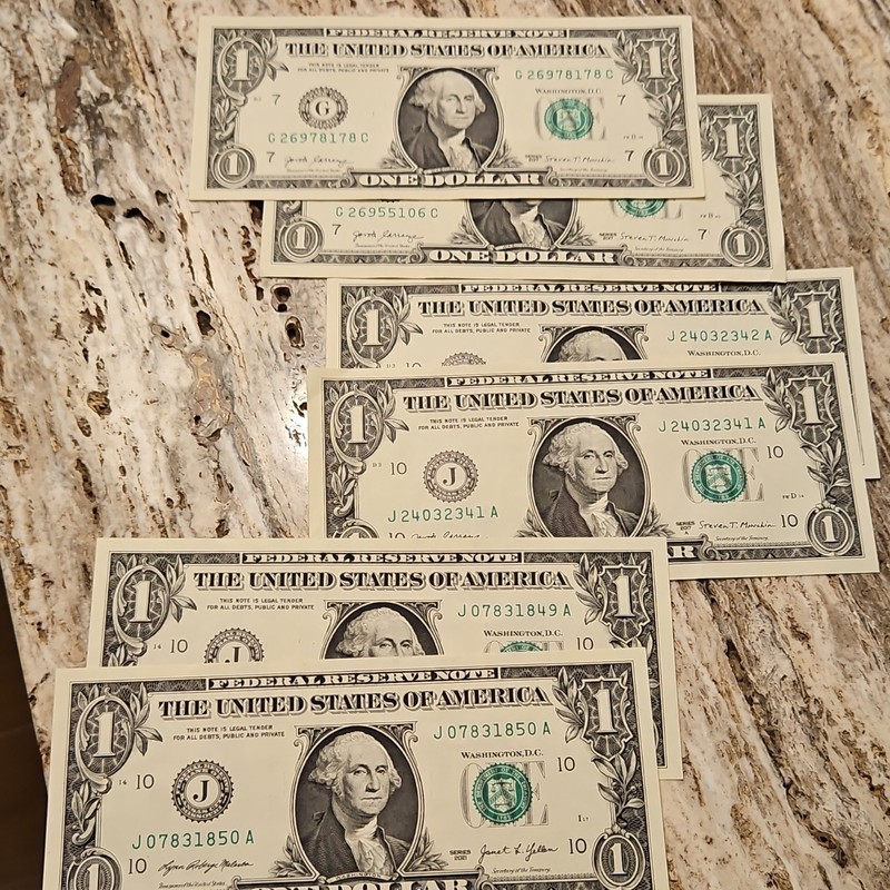 Lot of 6 US $1 Federal Reserve Notes Banknotes, 2017-2021, Uncirculated