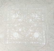 M3 Vintage Shawl Piano Manton de Manila Cream Silk Embroidered 43" 20" Fringes
