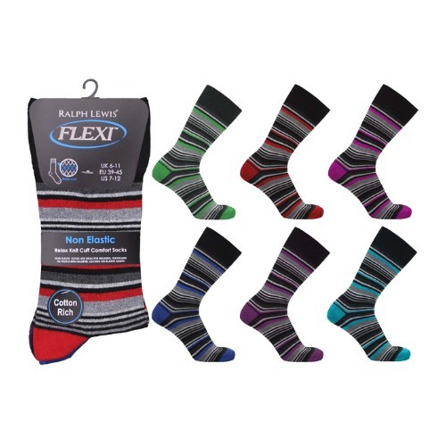 12 Pairs Mens Flexi Top Diabetic Non Binding Bright Stripes Socks UK 6-11