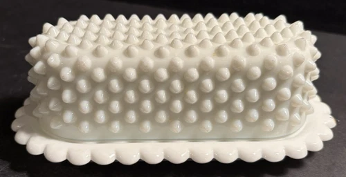 Vintage Fenton Hobnail Milk Glass Covered Butter Dish Scalloped Edge