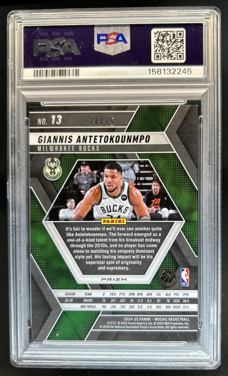 2024-25 Mosaic Giannis Antetokounmpo International Green Mosaic #/15 PSA 9 view 2