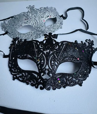 Masquerade Masks - Pack of 2 - Black and Silver - Fancy Dress