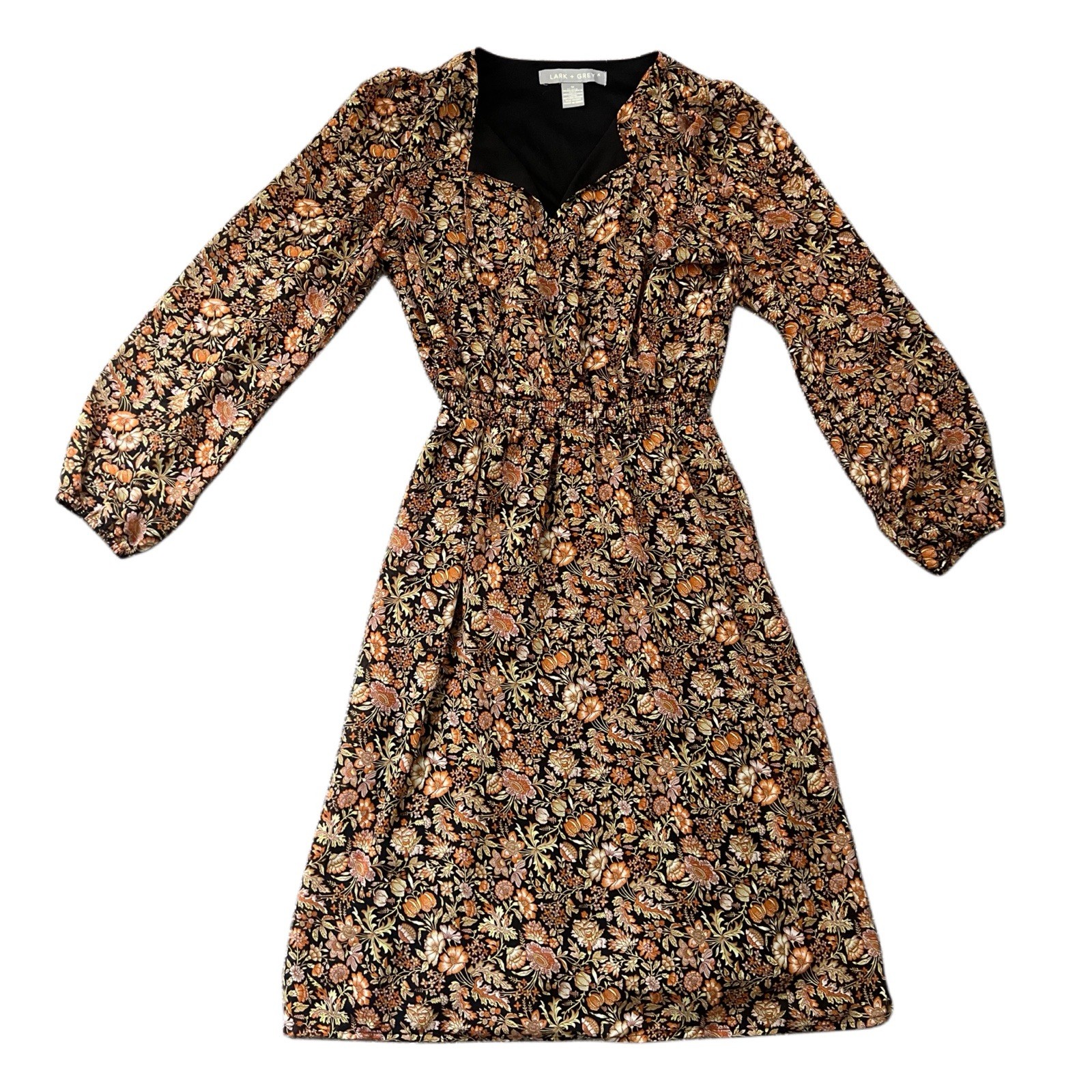 Lark + Grey Floral Chiffon Smocked Waist V-Neck Balloon Sleeve Dress Size M