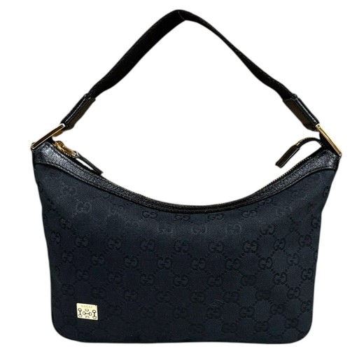 Gucci GG Canvas Handbag Model 145812 Black Leather Used