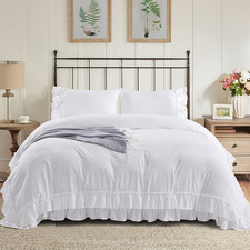 I 3 Piece Pre-Washed Queen off White Duvet Cover Set - 2 Layers Ruffle with Soli