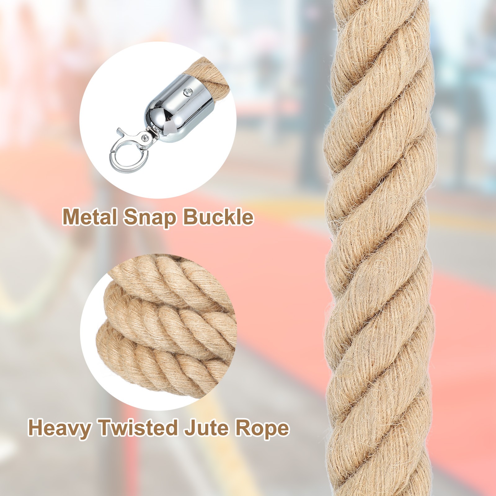 2Pcs 3ft x 1.5 Inch Crowd Control Jute Stanchion Rope with Snap Hooks