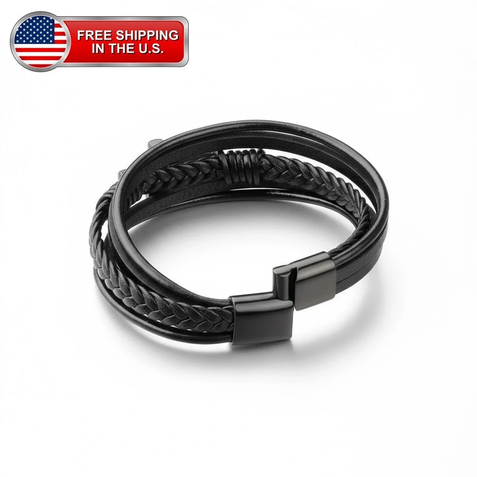 Men's Cross Braided Bracelet Leather Cuff Bracelet Bangle Magnetic Clasp - Image 3 of 3