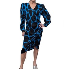 Vintage Flora Kung Silk Dress Size 6 Blue Black Abstract Ruched Puff Sleeve
