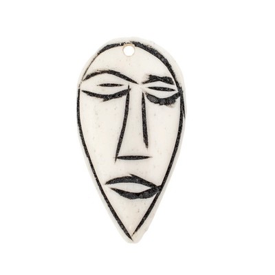 Narrow Carved White Kenya Bone Face Pendant 35mm African Black and White Flat