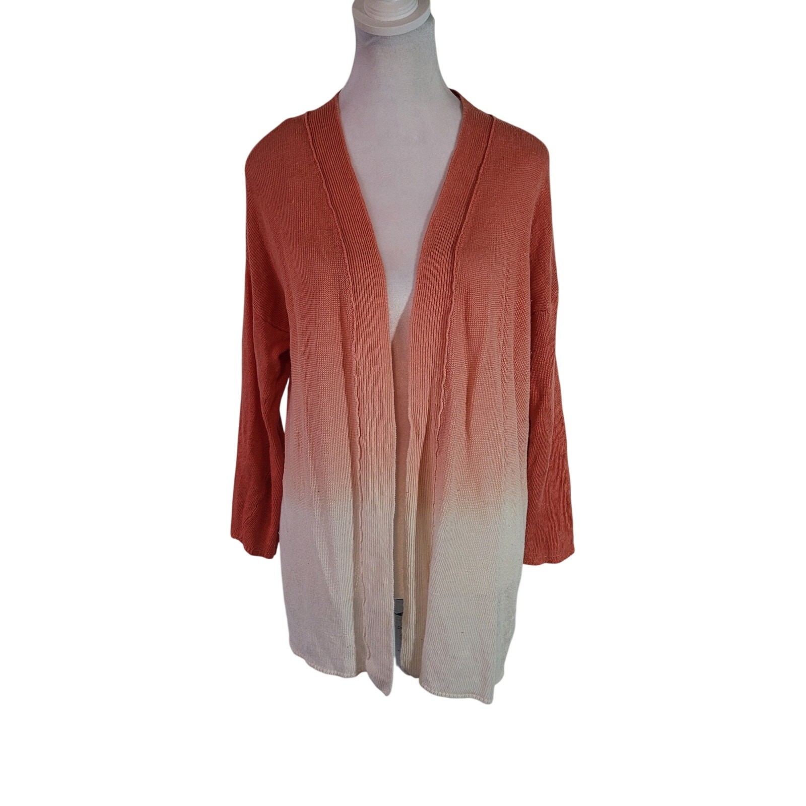 Chico's Size 1 US L 100% Linen Orange White Ombre Open Front Cardigan