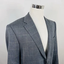 Jos A Bank 40R Sport Coat 100% Wool Herringbone Plaid Blue Gray Two Button
