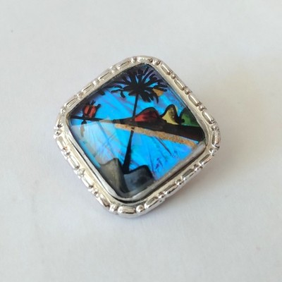 Morpho Menelaus Electric Blue Butterfly Wing Pin Brooch Antique England