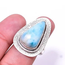 Natural Larimar Designer Handmade 925 Sterling Silver Ring s.8 Sku25