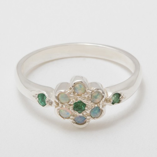 Solid 10k White Gold Natural Emerald & Opal Womens Cluster Ring - Sizes 4 to 12 - Picture 3 of 5