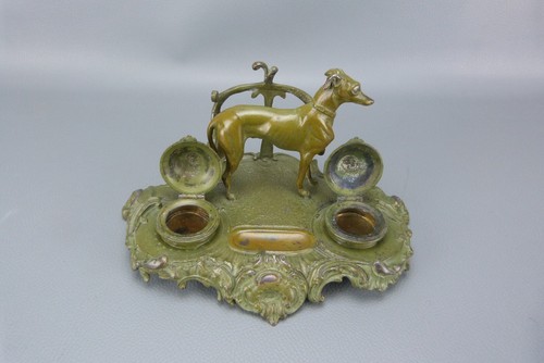Superbe encrier en zinc d'art XIX ème, décor au Lévrier, style Louis XV, France - Picture 7 of 11