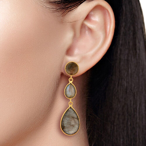 Labradorite 18K Gold Plated 925 Sterling Silver Dangle Earrings Gemstone Jewelry - Picture 1 of 6
