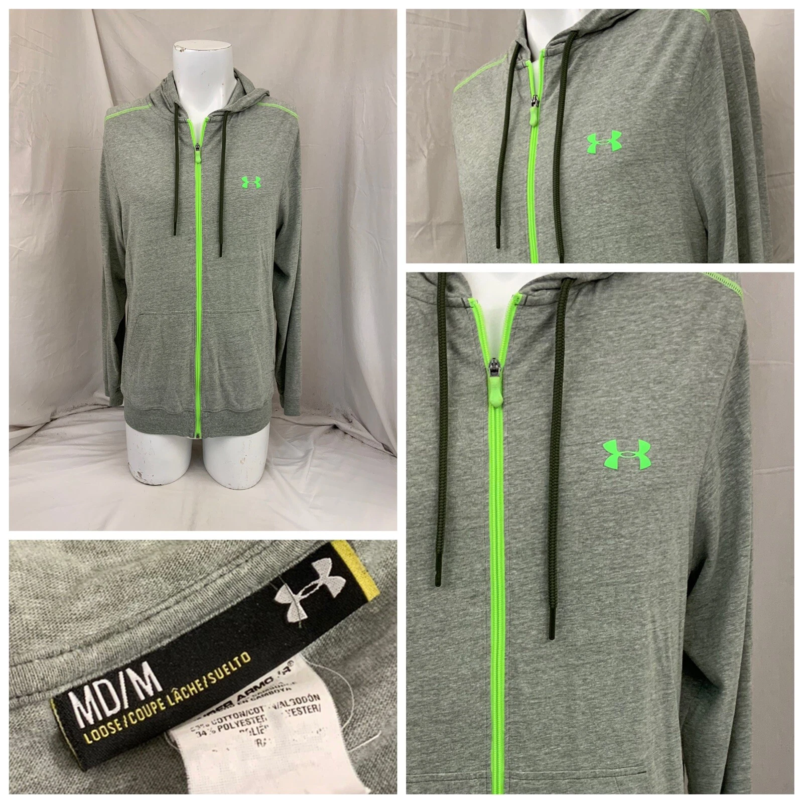 Under Armour Hoodie Track Jacket M Men Gray Cotton Stretch Neon Zip YGI R2-109