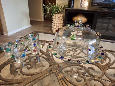 Vintage Handcrafted DARY REES Original Glass 14'' Cake Plate w/Dome & 5 Glasses