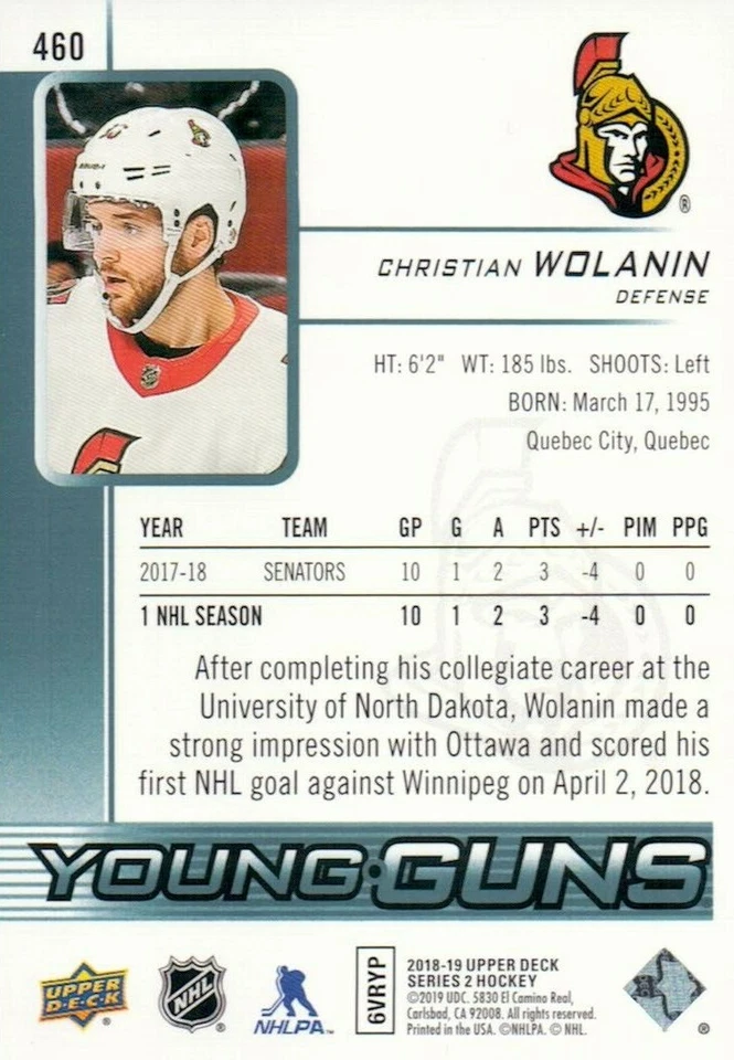 Christian Wolanin Ottawa Senators 2018-19 Upper Deck Series Two 460 YG RC - Image 2 of 2